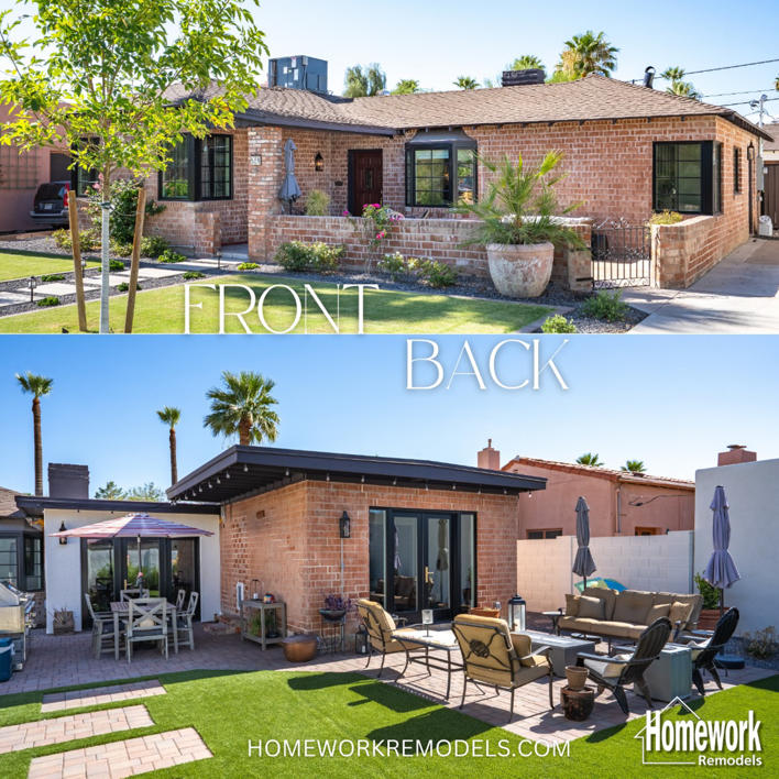 Front and back exterior view of a beautifully remodeled brick house by Homework Remodels in Phoenix, AZ.