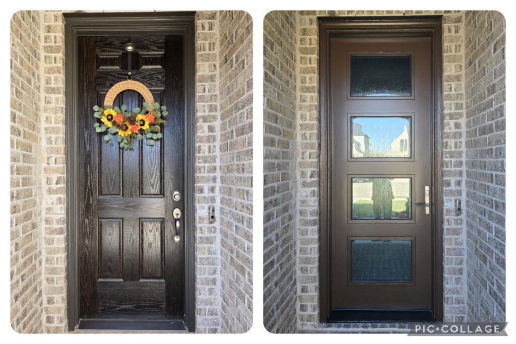 Before and after of a front door replacement by Pro 1 Windows and Doors in Rockwall, TX