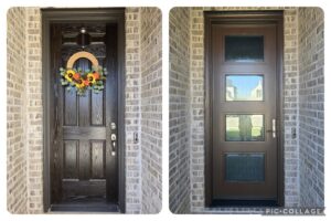 Before and after of a front door replacement by Pro 1 Windows and Doors in Rockwall, TX
