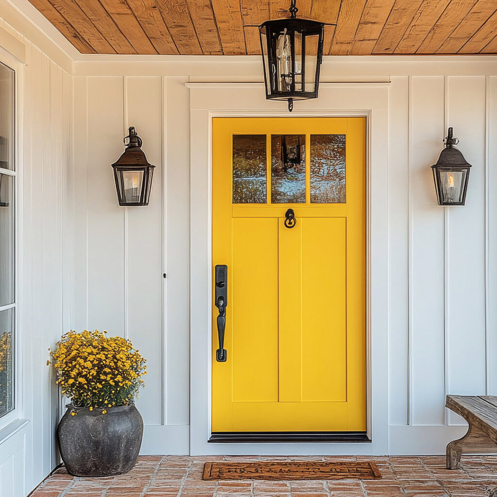 A vibrant yellow front door with new light fixtures and white siding, showcasing exterior home improvement by Four Seasons Home Improvement Company, Inc. in Rockville, MD.