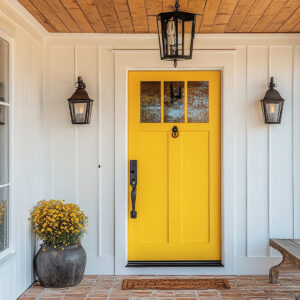 A vibrant yellow front door with new light fixtures and white siding, showcasing exterior home improvement by Four Seasons Home Improvement Company, Inc. in Rockville, MD.