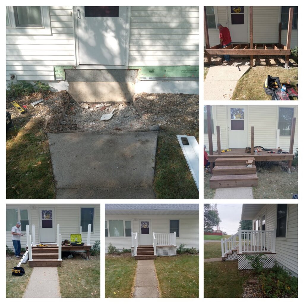 A collage showing the step-by-step construction process of a new front porch and stairs by The Creative Carpenter in Minot, ND.