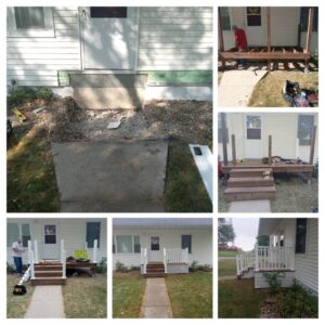 A collage showing the step-by-step construction process of a new front porch and stairs by The Creative Carpenter in Minot, ND.
