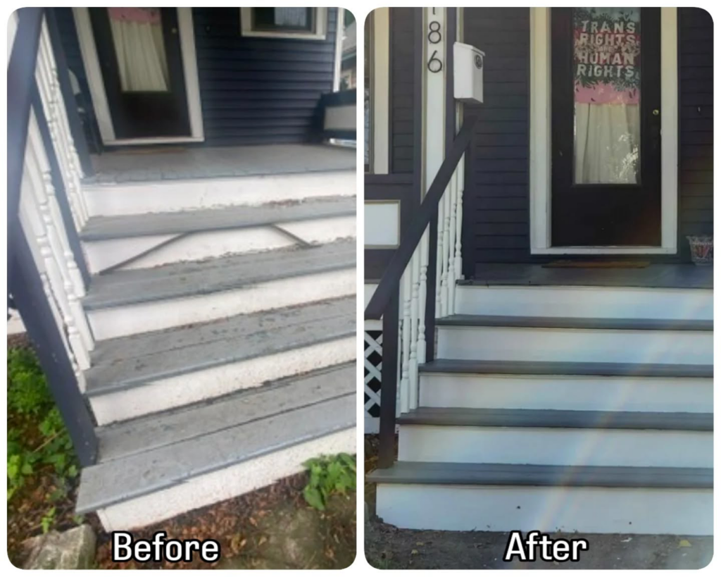 Before and after of a front porch stair renovation completed by Ace of Space alternative carpentry in Madison, WI