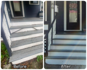 Before and after of a front porch stair renovation completed by Ace of Space alternative carpentry in Madison, WI