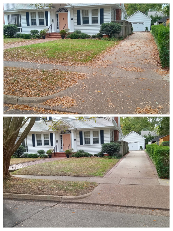Before and after of front yard and driveway leaf removal by Infinity Lawncare & Contracting LLC in Newport News, VA.