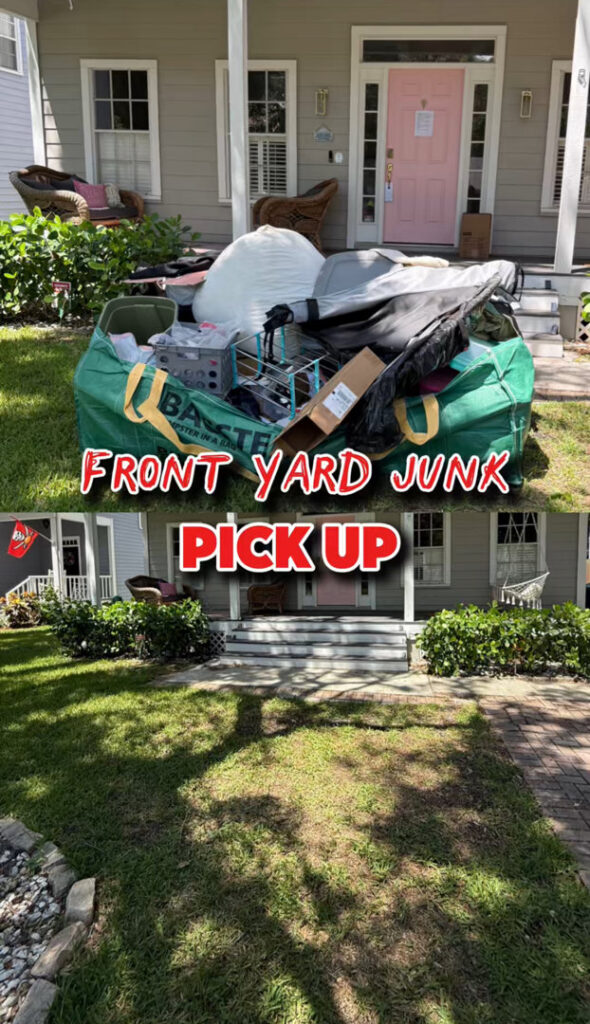 Before and after of a front yard junk pickup service by Jack Spades Junk Removal in St. Petersburg, FL, showing a clean yard.