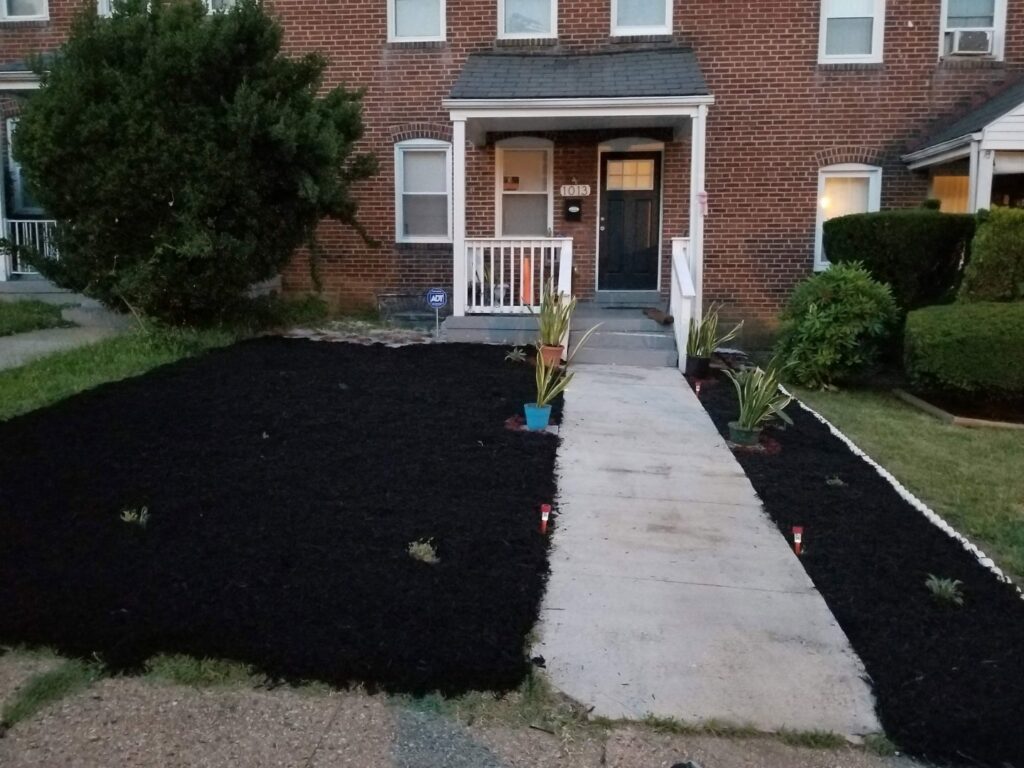 Front yard landscaping with fresh dark mulch and new plants, a service by C&C LAWN CARE,MOVING & TRASH REMOVAL in Baltimore, MD