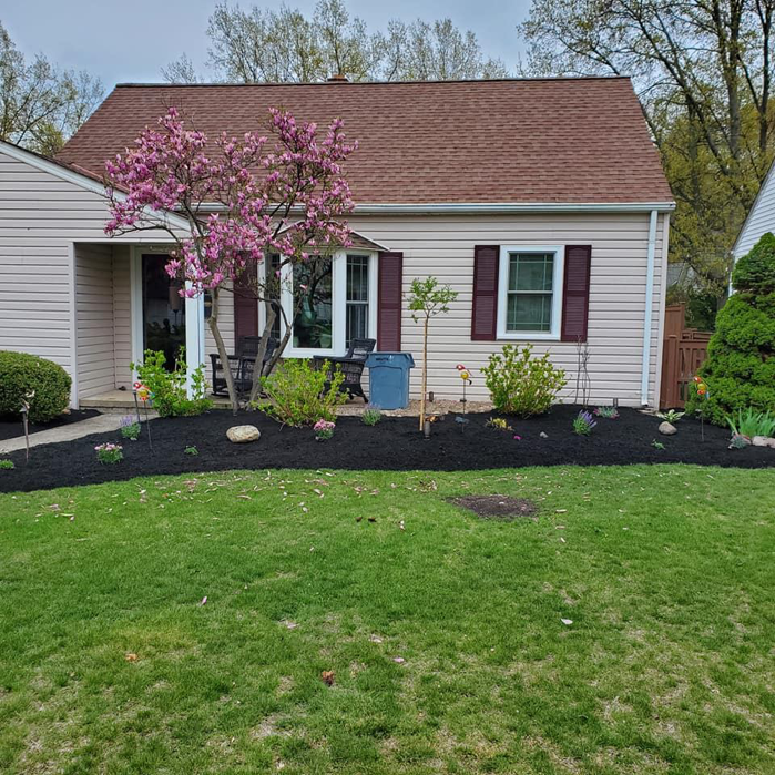 Completed front yard landscaping and mulching by C&M construction, remodeling, handyman services in Lorain, OH.