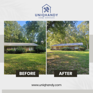 A front yard with a freshly mowed lawn and trimmed bushes, a service provided by UniqHandy in Little Rock, AR.