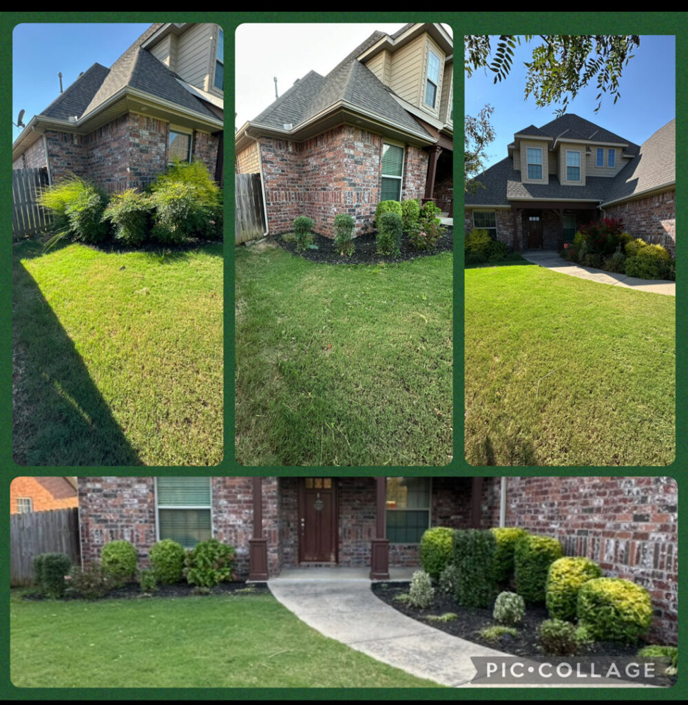 A collage showcasing a complete home landscaping makeover, including before and after views by HomeFront Services LLC in Fayetteville, AR