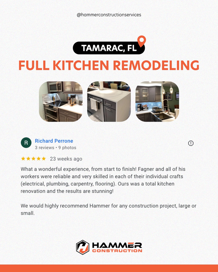 A full kitchen remodeling project in Tamarac, FL, completed by Hammer Construction Services in Boca Raton, FL.