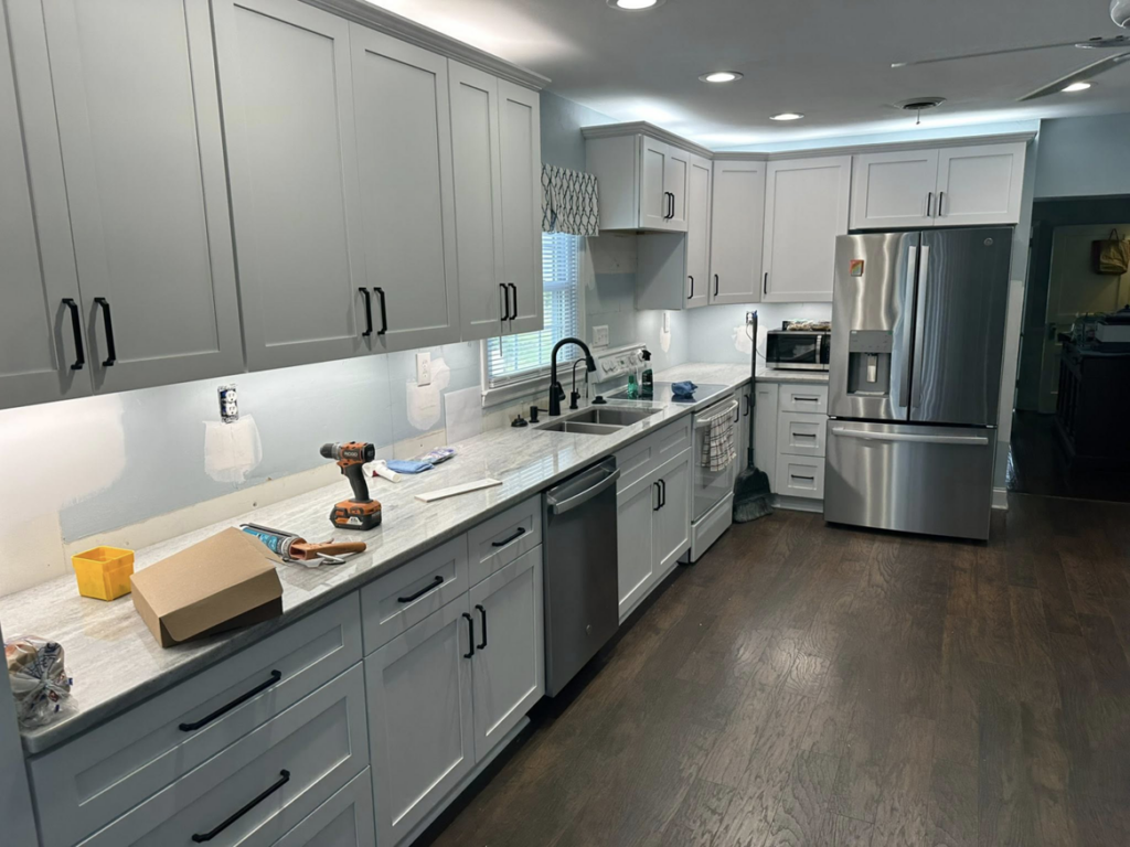 A full kitchen renovation in progress with new cabinets and countertops by W. Brian Roberts Construction in Wilmington, NC