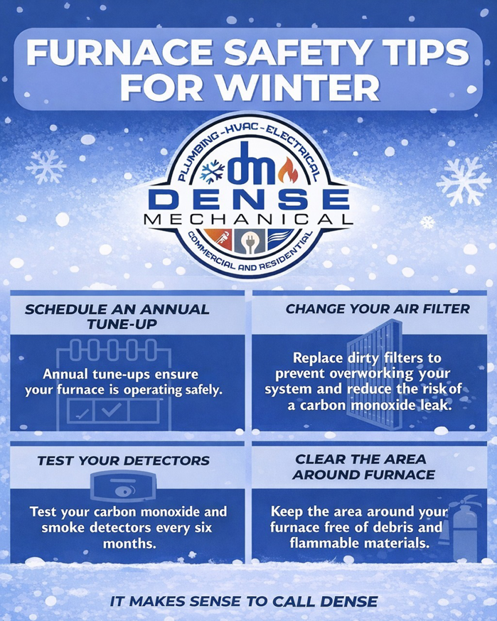 An infographic providing furnace safety tips for winter, including tune-ups and filter changes, from Dense Mechanical in Enid, OK.