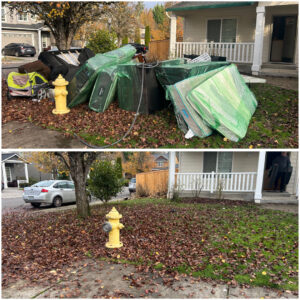 Before and after photos showing mattresses and furniture removed from a residential front yard by OnPoint Removal Services in Vancouver, WA.