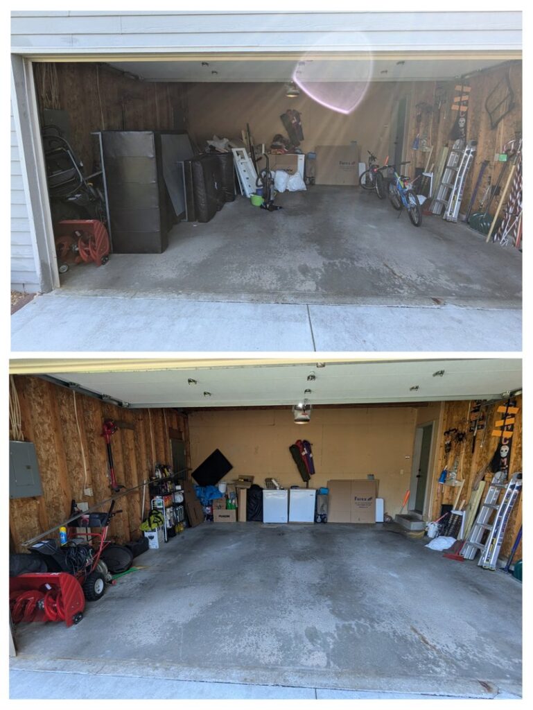Before and after of a garage with large cabinets and junk removed by Esule Services LLC - Anoka Junk Removal in Andover, MN.