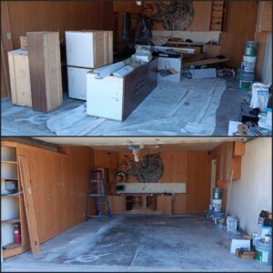Before and after photo of a garage cleanout service by Covered2Clean junk removal/hauling in Sacramento, CA.