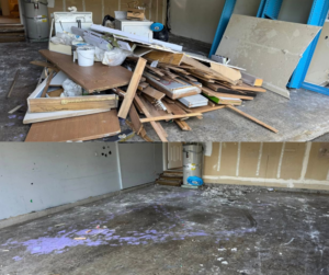 Before and after photos of a garage cleanout by JDog Junk Removal & Hauling Savannah/HHI, showing debris removed.