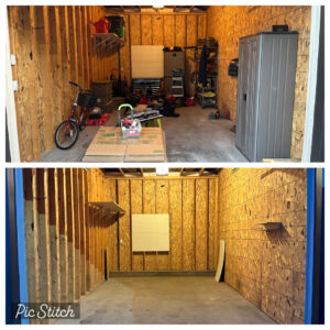 Before and after photos of a garage cleanout service by Junk Haulin Heroes in Bismarck, ND.