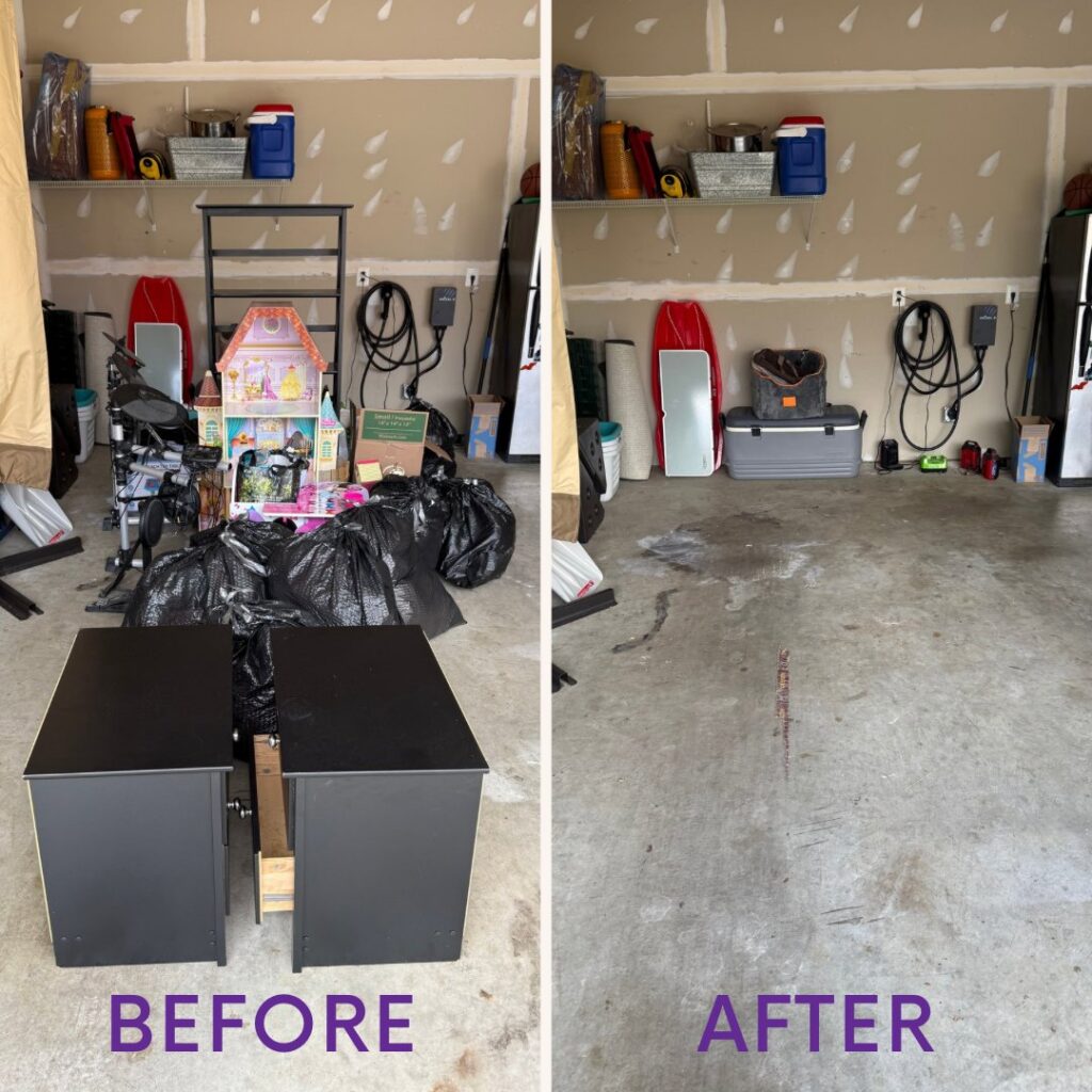 Before and after photos of a garage cleanout service by Junk Runners LLC in Fairfax, VA, showing toys and boxes removed.