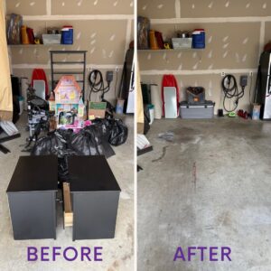 Before and after photos of a garage cleanout service by Junk Runners LLC in Fairfax, VA, showing toys and boxes removed.