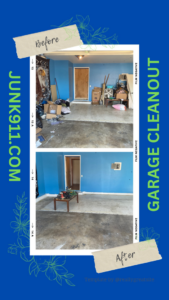 Before and after photos of a garage cleanout service provided by Junk911 in Turner, OR