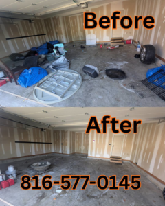 Before and after photo of a garage cleanout service by Rubbish Boyz Removal LLC in Independence, MO.
