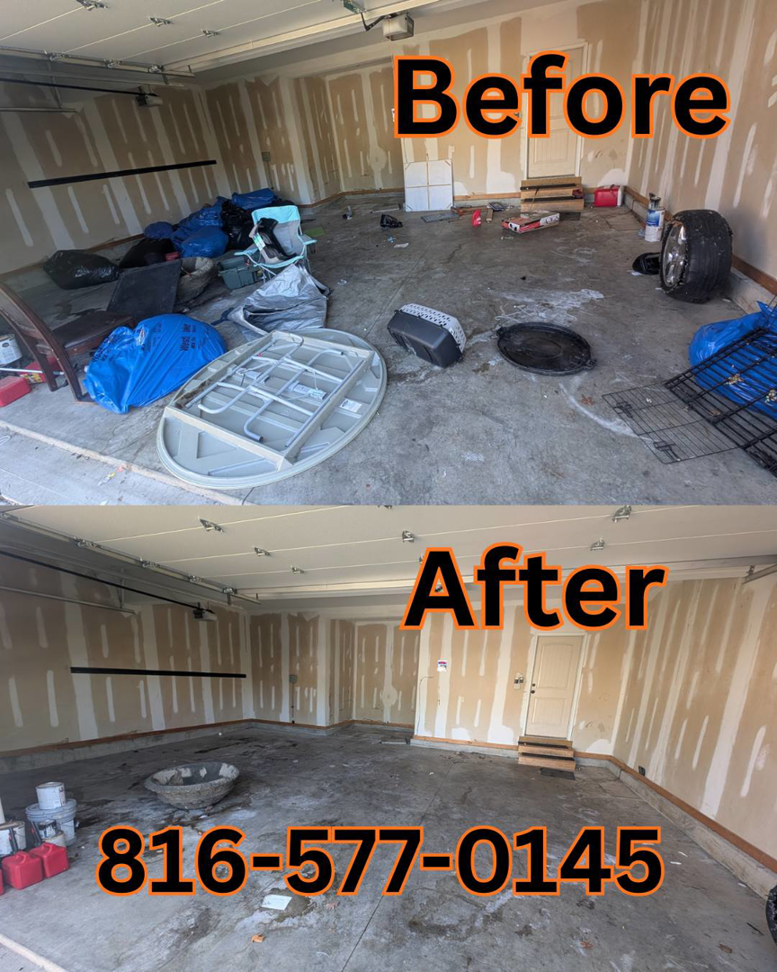 Before and after photo of a garage cleanout service by Rubbish Boyz Removal LLC in Independence, MO.