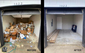 A before and after comparison of a garage cleanout service by Strong Lion Junk Removal in Fayetteville, AR.