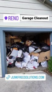 A garage filled with black trash bags, boxes, and household junk for a cleanout by Junk Free Solutions in Reno, NV.