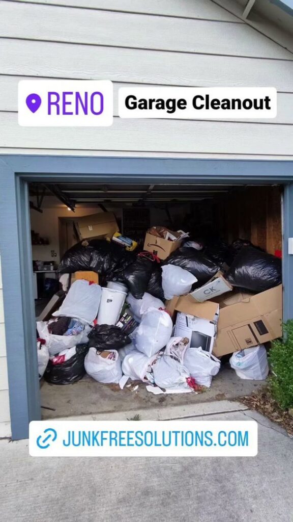 A garage filled with black trash bags, boxes, and household junk for a cleanout by Junk Free Solutions in Reno, NV.