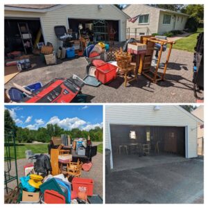 Collage showing a cluttered garage, a loaded junk truck, and a clean garage by Esule Services LLC - Anoka Junk Removal in Andover, MN.