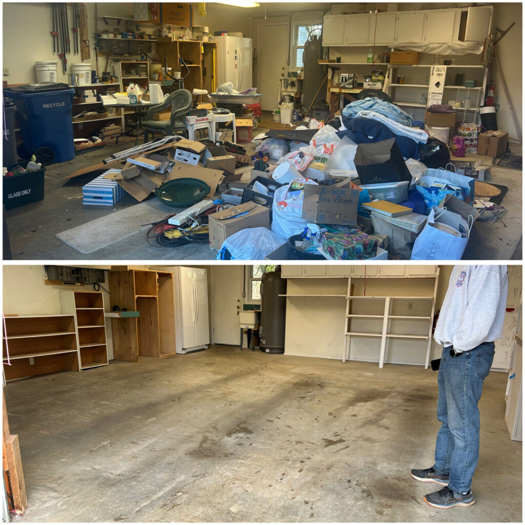 Before and after photos showing a cluttered garage completely cleared out by OnPoint Removal Services in Vancouver, WA.