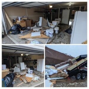 Collage showing garage demolition debris and a dump trailer full of junk by Esule Services LLC - Anoka Junk Removal in Andover, MN.