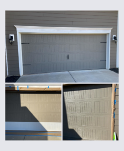 Before and after photos of a garage door painting project completed by Unto GOD's Kingdom Builders in Mint Hill, NC.