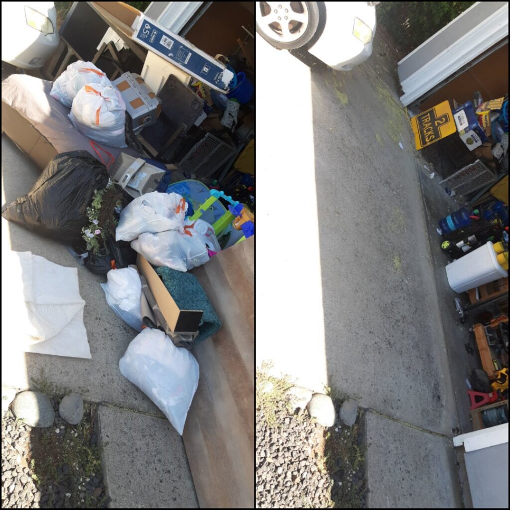 Before and after photo of a garage entrance cleared of trash bags and junk by Covered2Clean junk removal/hauling in Sacramento, CA.
