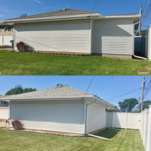 Before and after comparison of garage exterior cleaning and maintenance by Skyline Construction, LLC in Ocean City, MD