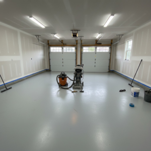 A garage floor with concrete coating equipment and blue tape, ready for or just finished by Formula Concrete Coating in Tucson, AZ.