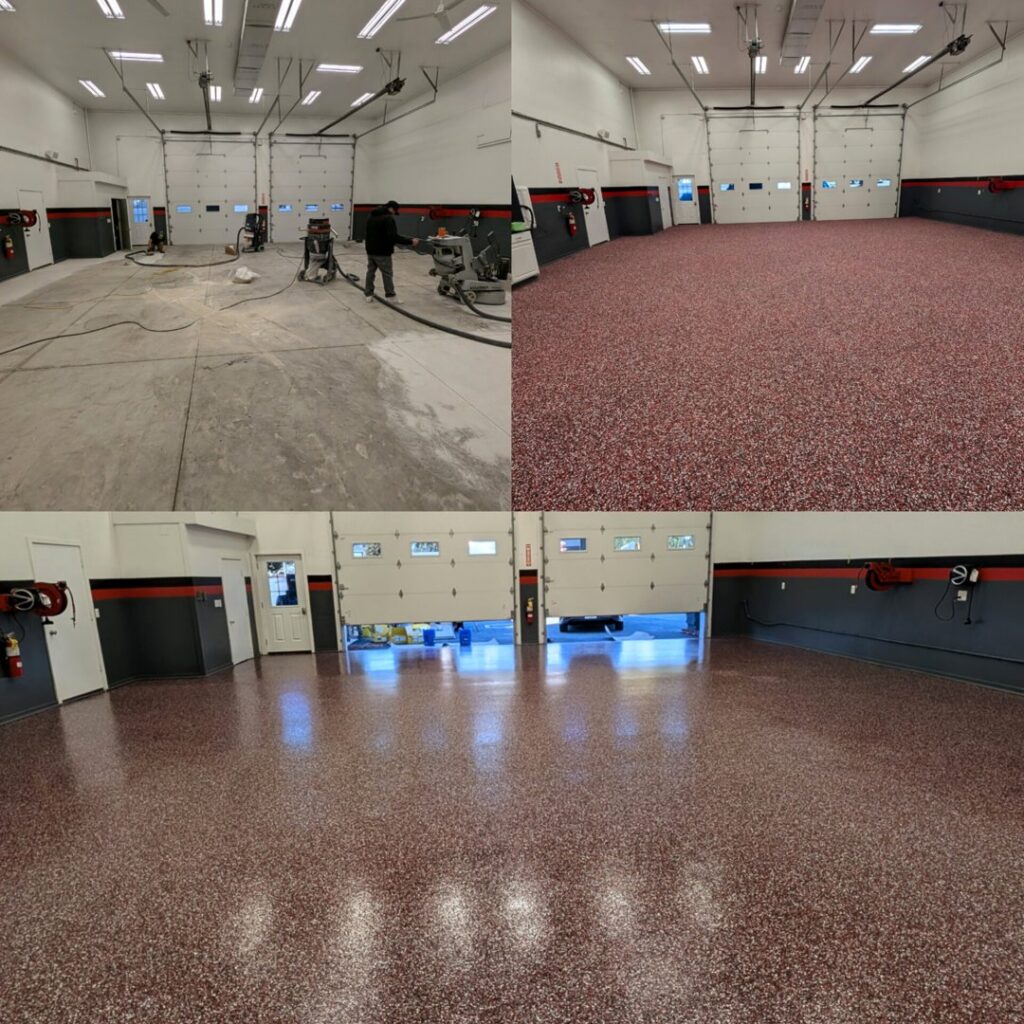 Before and after of a garage floor epoxy coating project completed by Roche Painting in Allentown, PA.