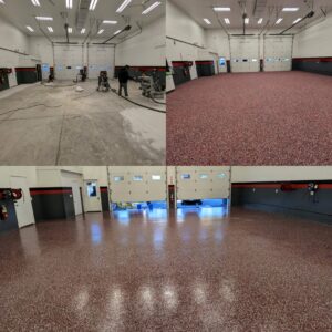 Before and after of a garage floor epoxy coating project completed by Roche Painting in Allentown, PA.