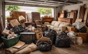 A garage packed with old furniture, trash bags, and boxes, awaiting junk removal by Junked Up Junk Removal in Watauga, TX.