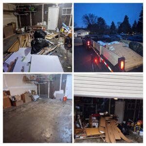 Collage showing a garage cleanout with junk removed and loaded onto a trailer by Esule Services LLC - Anoka Junk Removal in Andover, MN.