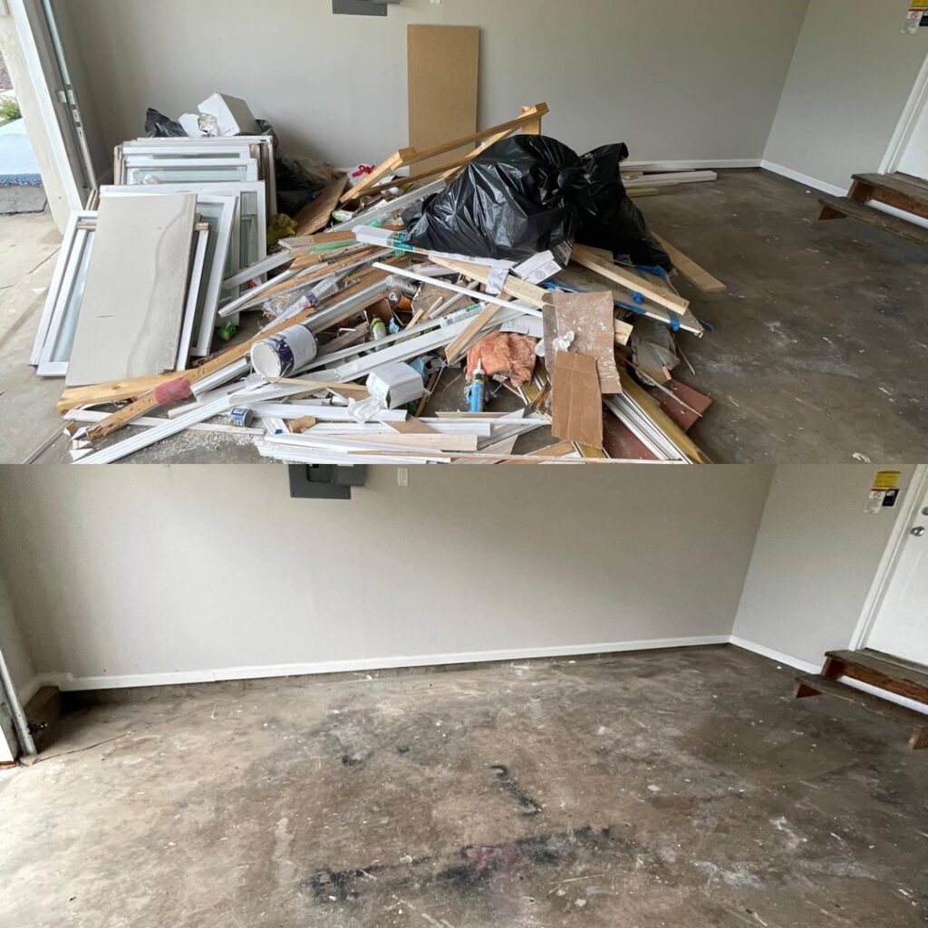 Before and after view of a garage after junk and construction debris removal by Beetles Dumpsters Rental & Junk Removal in Huntsville, AL.