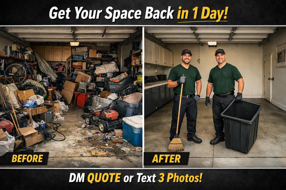 Before and after photo of a complete garage junk removal and cleanout by All American Junk Removal And Demo LLC in Citrus Heights, CA.