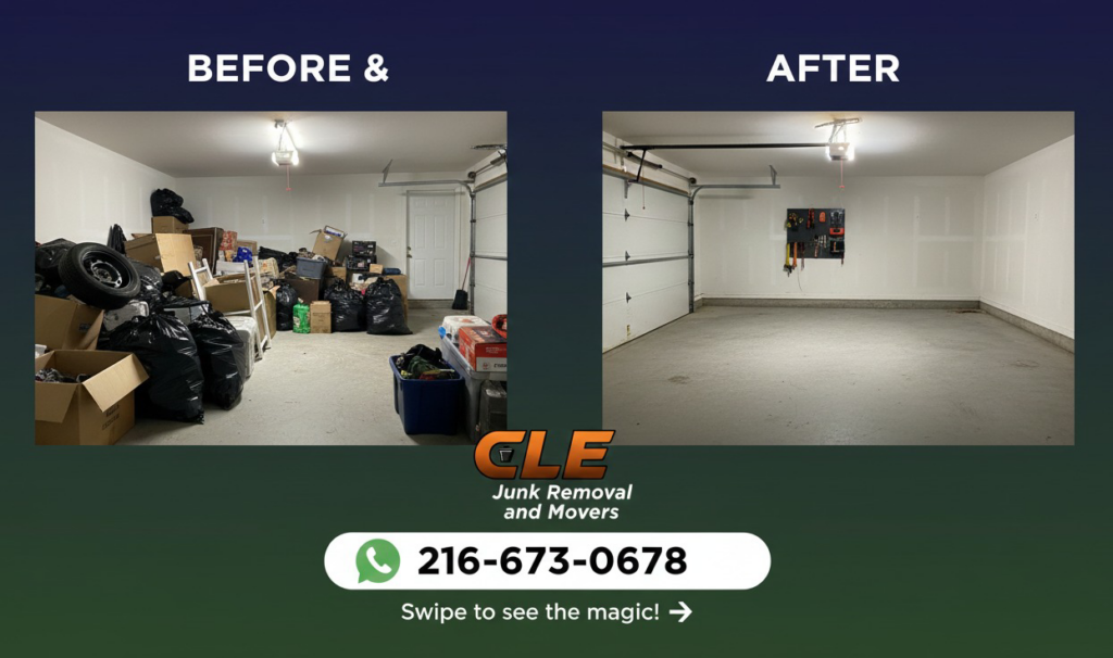 Before and after photos of a garage cleanout by CLE Junk Removal and Movers in Parma, OH, showing a successful junk removal job.