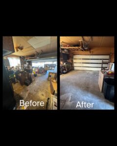 Before and after photos of a garage cleanout by Clean Slate Removal in Grand Island, NE, showing junk removed.