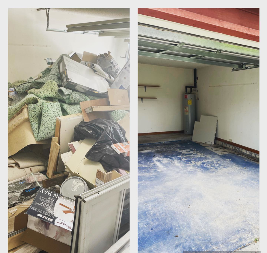 Before and after photos of a garage cleanout, showing successful general junk removal by Duval Dumpster Rentals, LLC in Jacksonville, FL.