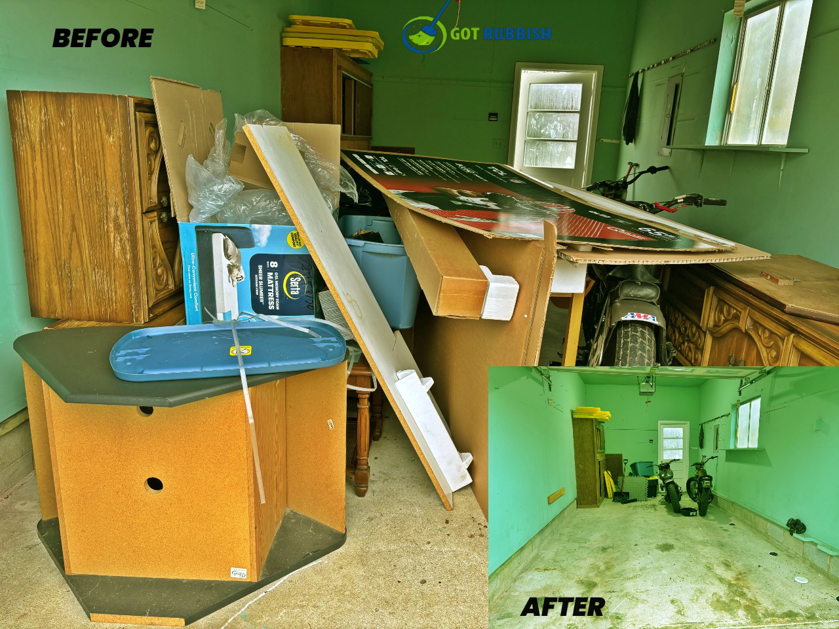 Before and after photo of a garage cleared of junk by Got Rubbish in Jersey City, NJ