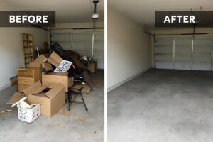 Before and after photos of a garage cleanout service by The Haul Squad Junk Removal & Moving in Allentown, PA.