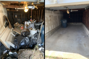 Before and after comparison of a garage cleanout by Jack My Junk, showing a clear space in St. Charles, MO.